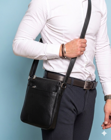 Borseta de barbati din piele naturala moale, model 056, Negru mat