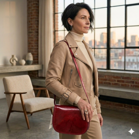 Dama - Geanta casual de umar din piele vachetta, model S5512, Bordo