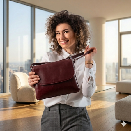 Dama - Geanta dama din piele naturala, model 252 crossbody, Bordo inchis