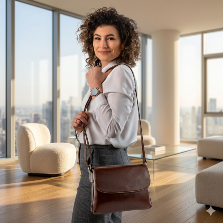 Dama - Geanta dama din piele naturala, model 252 crossbody, Maro coniac