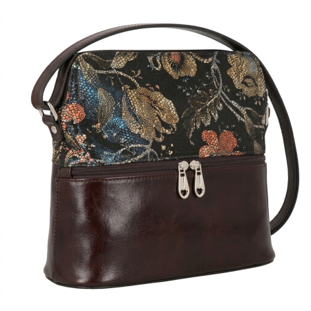 Genti de zi - Geanta dama din piele naturala, model 239, de umar si crossbody, Maro cu flori