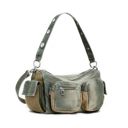 Geanta de dama crossbody, Desigual, seria Bravo Hybrid Denim Habana, Verde Army