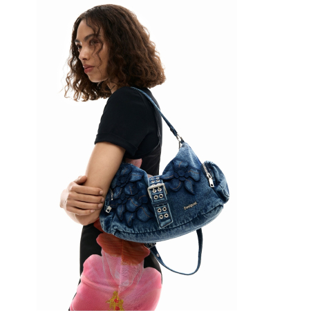 Dama - Geanta de dama, de mana si umar, Desigual, Denim Floralis, Albastrru