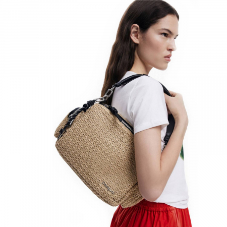 Geanta de dama, de mana si umar, Desigual, seria Half Logo Raffia, Bej