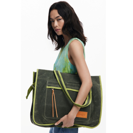 Genti calatorie - Geanta versatila, de voiaj / shopper, de mana si umar, Desigual, seria Mediteraneo Khiva, Kaki