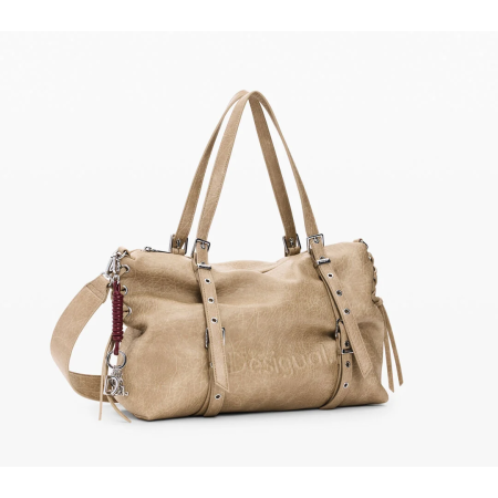 Genti de zi - Geanta mare shopper dama, Desigual, seria Half Logo Lanuz - Bej Crud