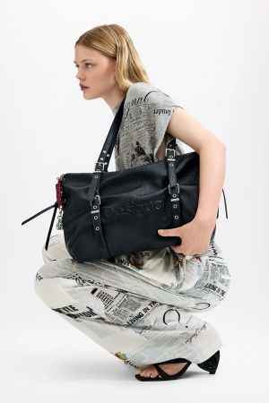 Geanta mare shopper dama, Desigual, seria Half Logo Lanuza - Negru [1]