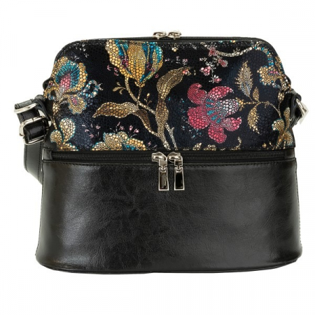 Geanta dama din piele naturala, model 239, de umar si crossbody, Negru cu flori [2]