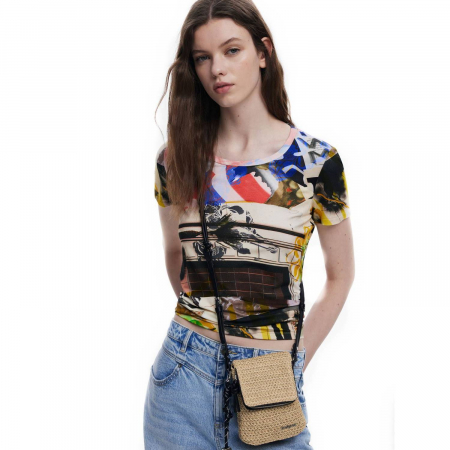 Geanta mica pentru telefon, Desigual, seria Half Logo Raffia Venecia, Bej