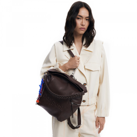 Genti de zi - Geanta si rucsac, 2 in 1, de dama, de mana si umar, Desigual, seria Half Logo Arica, Maro ciocolata