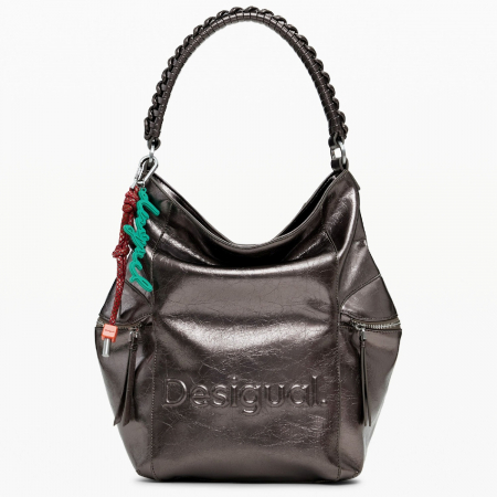 Geanta si rucsac, 2 in 1, de dama, de mana si umar, Desigual, seria Half Logo Arica, Gri metalizat [5]
