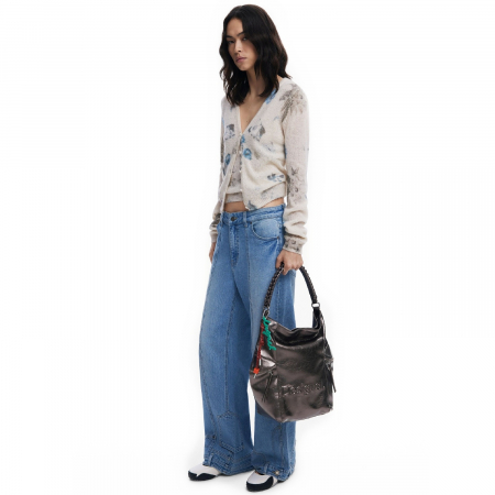 Geanta si rucsac, 2 in 1, de dama, de mana si umar, Desigual, seria Half Logo Arica, Gri metalizat [3]