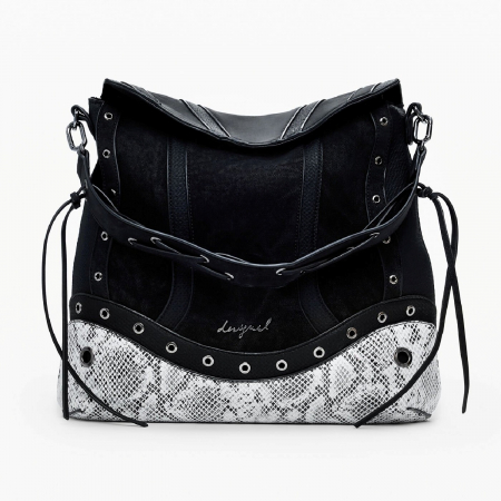 Geanta si rucsac, 2 in 1, de dama, de mana si umar, Desigual, seria Snake Patch Jersey, Negru [7]