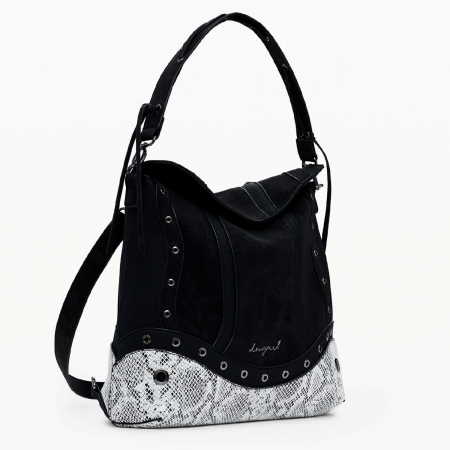 Geanta si rucsac, 2 in 1, de dama, de mana si umar, Desigual, seria Snake Patch Jersey, Negru [4]