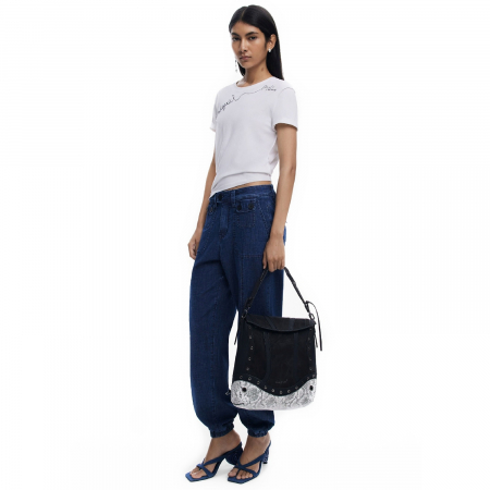 Geanta si rucsac, 2 in 1, de dama, de mana si umar, Desigual, seria Snake Patch Jersey, Negru [3]