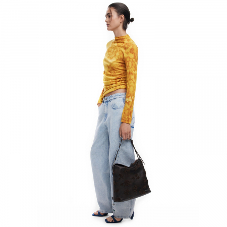 Geanta si rucsac, 2 in 1, de dama, de mana si umar, Desigual, seria Stencil Flocado Jersey, Maro ciocolata [2]