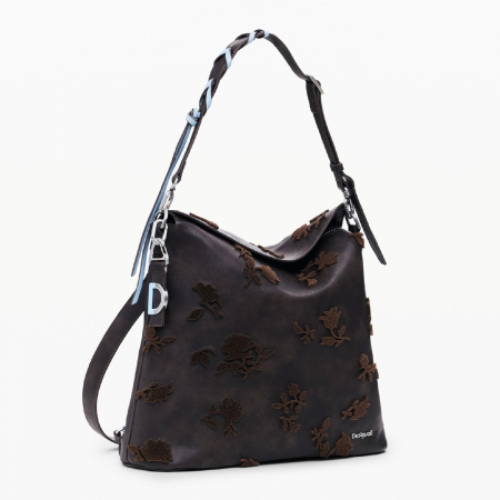 Geanta si rucsac, 2 in 1, de dama, de mana si umar, Desigual, seria Stencil Flocado Jersey, Maro ciocolata [3]