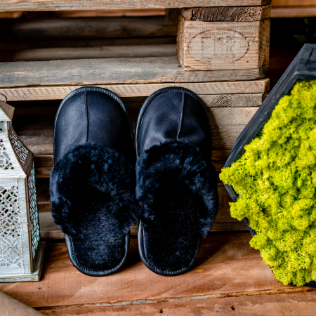 Papuci de casa din blana naturala de miel, confortabila, model pentru barbati, Negru [3]