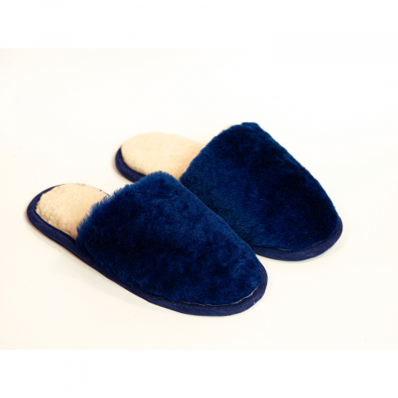 Decoratiuni din blana - Papuci de casa din blana naturala de miel, confortabila, model unisex, Albastru regal