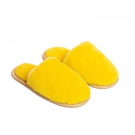 Papuci de casa din blana naturala de miel, confortabila, model unisex, Galben