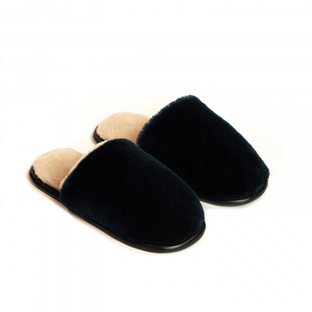 Papuci de casa din blana naturala de miel, confortabila, model unisex, Negru
