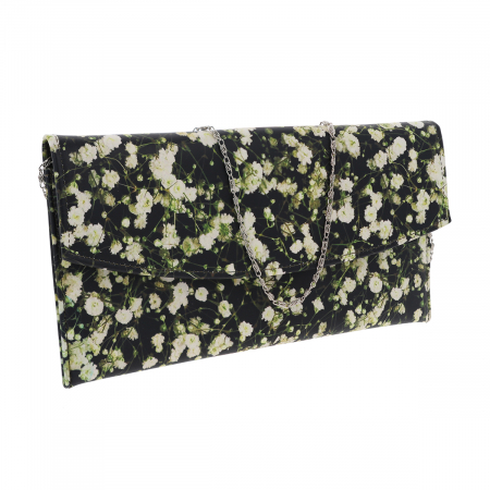 Plic de ocazie din piele naturala neagra cu imprimeu floral multicolor