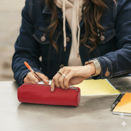 Accesorii - Port stilou / penar, din piele naturala, Oxford, Rosu