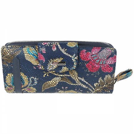 Portofel din piele cu fermoar si clapa bleumarin cu imprimeu floral, model 731 [1]