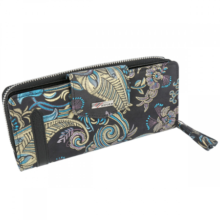 Portofele - Portofel din piele cu fermoar si clapa negru cu imprimeu floral, model 731