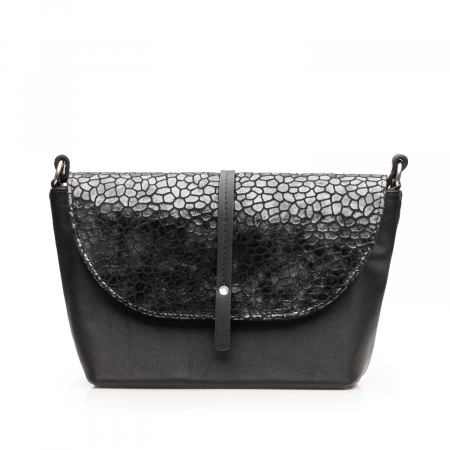 Poseta de umar crossbody, din piele naturala cu model, Negru [2]