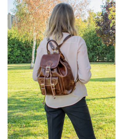 Rucsacuri - Rucsac de dama din piele naturala vachetta, model R 125, Maro roscat