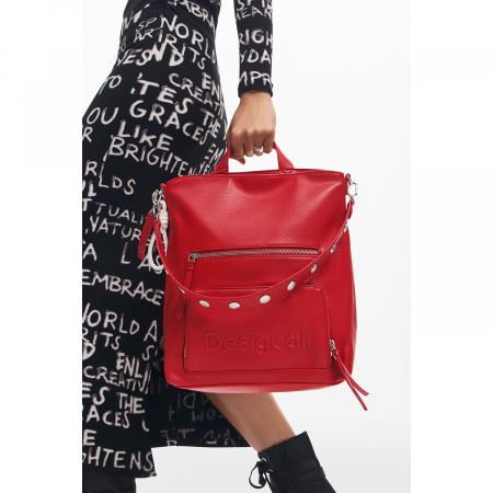 Rucsacuri - Rucsac/geanta de umar 2 in 1, dama, Desigual, seria Half logo, Rosu