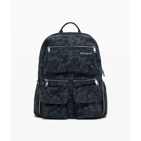 Rucsac mare de dama din denim brodat, Desigual, seria Whisky Chester, Negru [1]