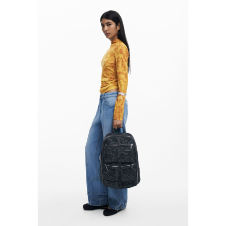 Rucsac mare de dama din denim brodat, Desigual, seria Whisky Chester, Negru [2]