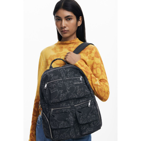 Rucsac mare de dama din denim brodat, Desigual, seria Whisky Chester, Negru [6]