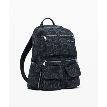 Rucsac mare de dama din denim brodat, Desigual, seria Whisky Chester, Negru