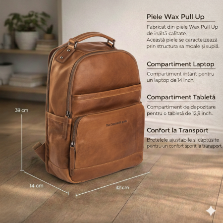 Rucsac pentru laptop de 14 inch si tableta, The Chesterfield Brand, din piele naturala, Austin, Maro coniac [7]