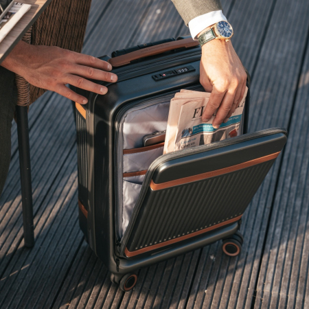 Troler mic cu compartiment de laptop, din policarbonat usor si piele naturala, The Chesterfield Brand, Zuna +, Negru grafit