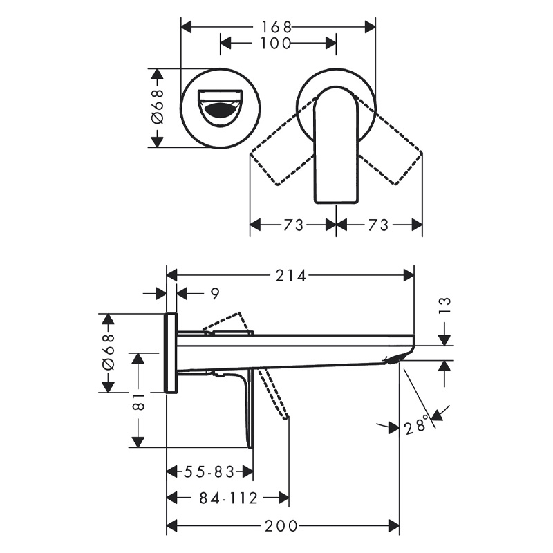 Baterie cu ventil pentru lavoar Hansgrohe, Rebris E, montaj pe perete, pipa 200 mm [3]