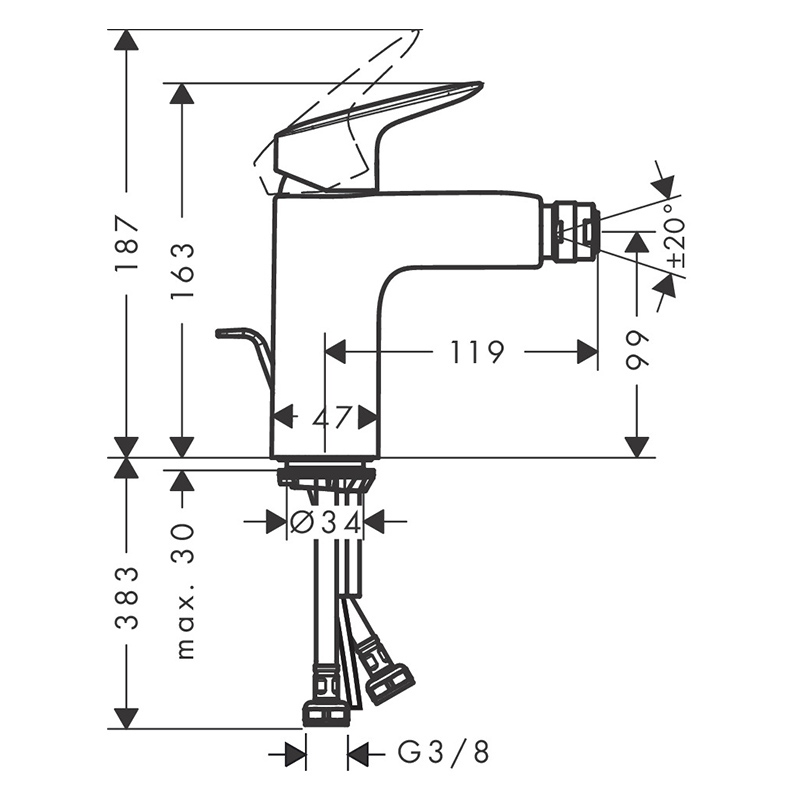 Baterie de bideu, Hansgrohe, Logis, cu ventil, negru mat [2]