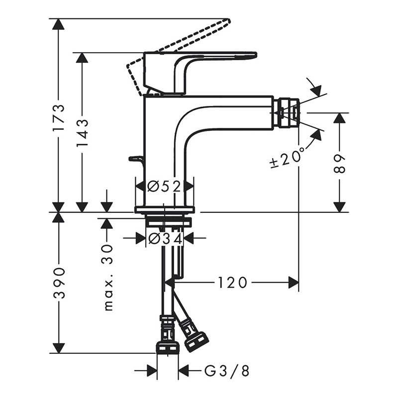Baterie de bideu, Hansgrohe, Rebris E, cu ventil, crom [2]