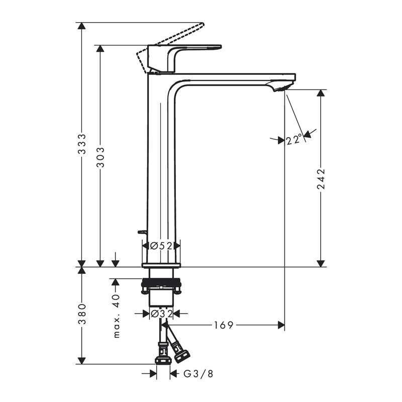 Baterie inalta de lavoar cu ventil, Hansgrohe, Rebris S 240, CoolStart, negru mat [3]
