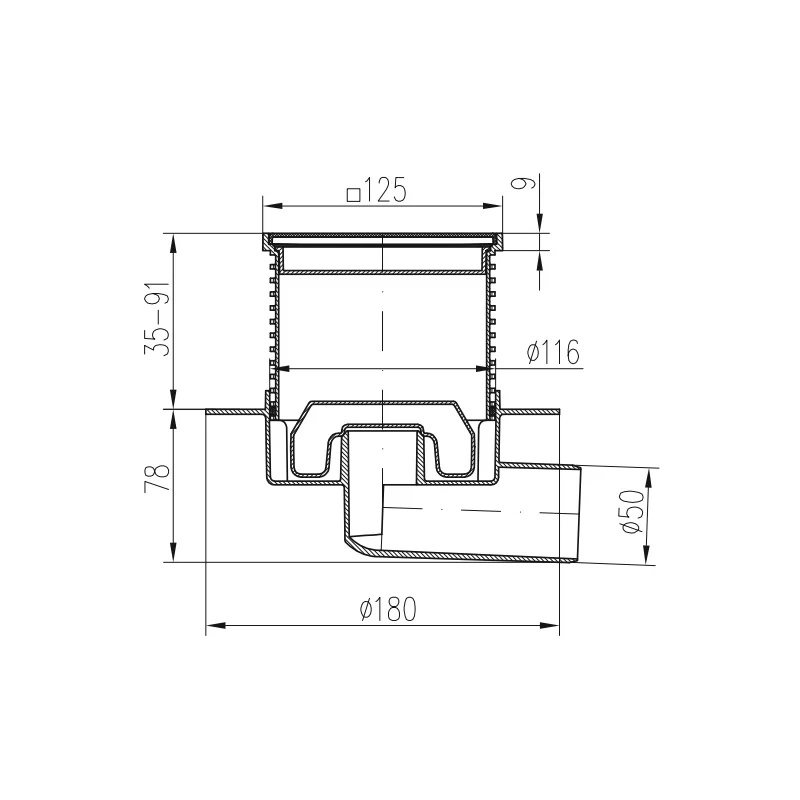 Sifon de dus cu evacuare laterala  D50 cu flotor antimiros, cadru si gratar de inox SUN 125x125 mm [2]