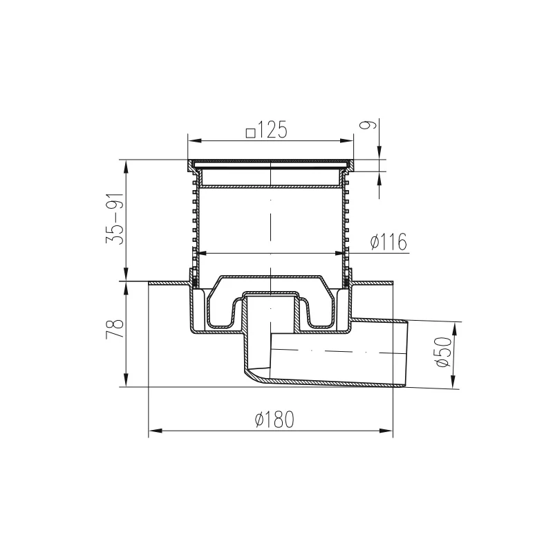 Sifon de dus cu evacuare laterala D50 cu flotor antimiros, cadru si gratar de inox tip gate 125X125 mm [2]