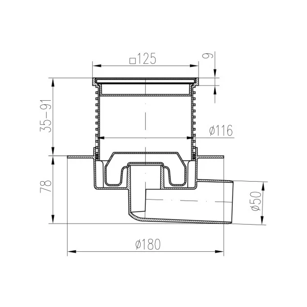 Sifon de pardoseala MCH Neptun cu iesire orizontala DN 50/H reglabil, rectangular, cu guler/flansa [2]