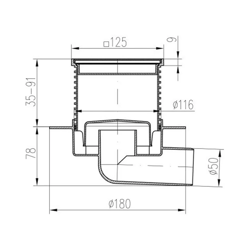 Sifon de pardoseala Neptun iesire orizontala D50/H reglabil cu gratar de inox LABYRINTH 122X122 mm si guler [2]