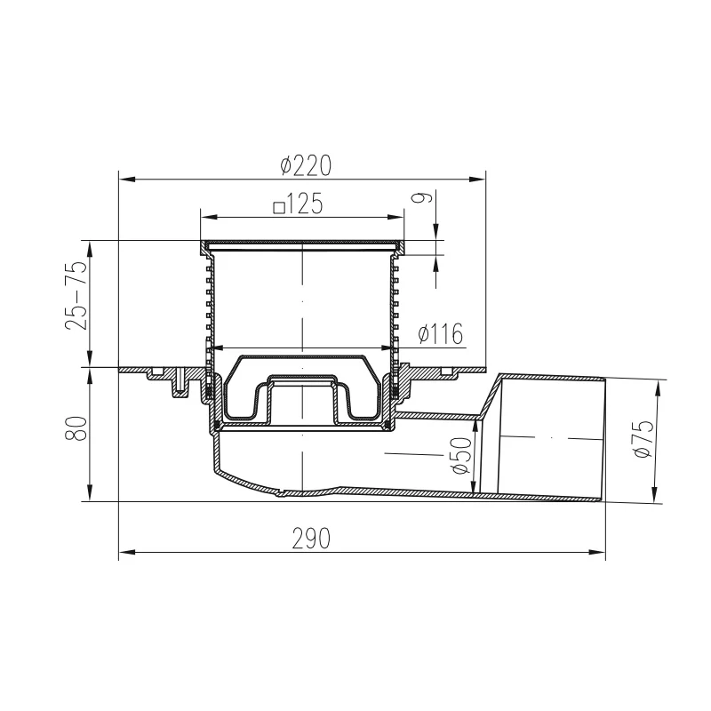 Sifon pentru dus fara cadita cu evacuare laterala D50/75 cu flotor antimiros, cadru plastic si gratar de inox tip FACE BLACK 125x125 mm [2]