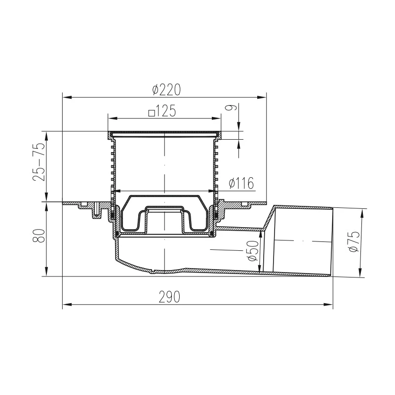 Sifon pentru dus fara cadita cu evacuare laterala D50/75 cu flotor antimiros, cadru plastic si gratar de inox tip gate black 125x125 mm [2]