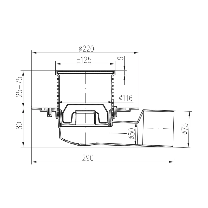 Sifon pentru dus fara cadita cu evacuare laterala D50/75 cu flotor antimiros, cadru si gratar de inox tip gate 125X125 mm [2]