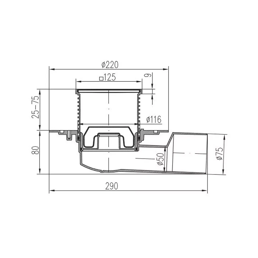 Sifon pentru dus fara cadita cu evacuare laterala D50/75 cu flotor antimiros, cadru si gratar de inox tip LABYRINTH 125X125 mm [2]